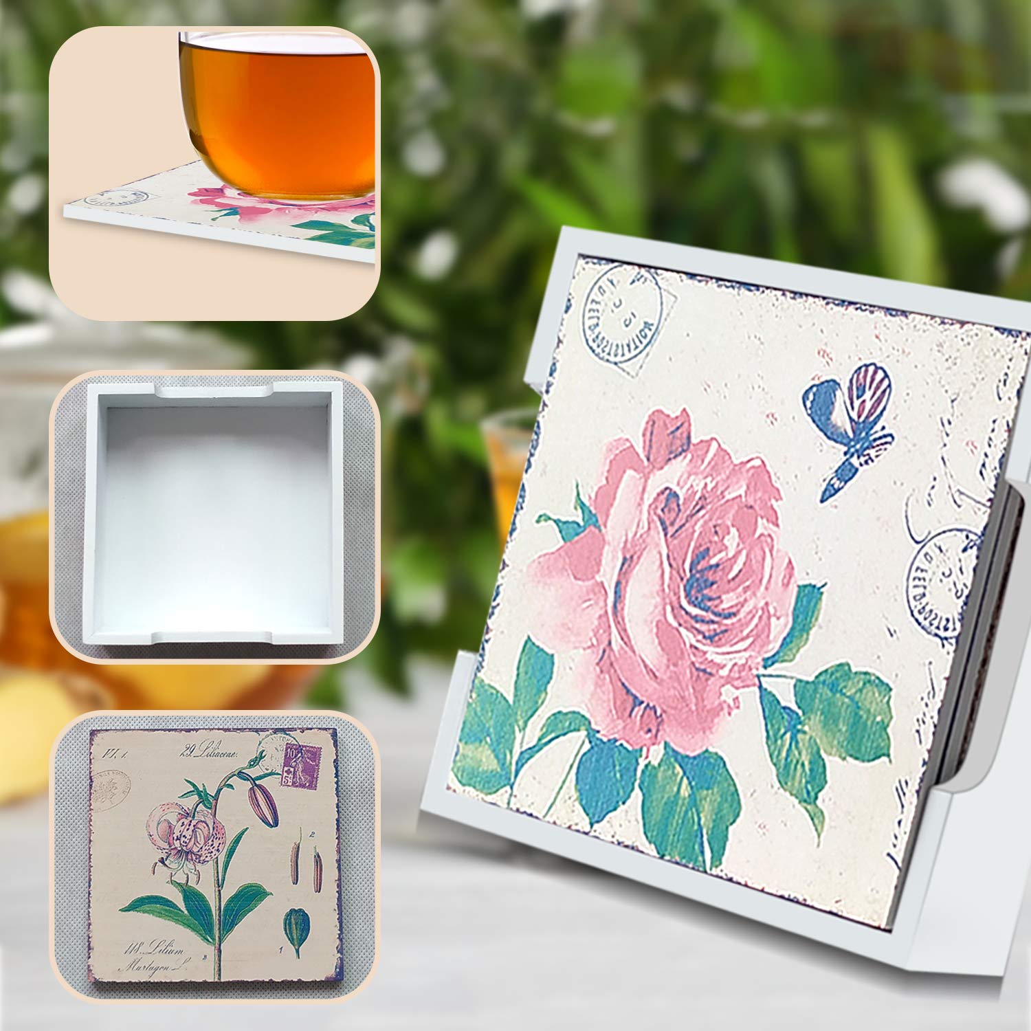 LoveHome Decor Coaster for Drinks,6 PCS,Retro Floral Wooden Coasters Set with Holder, Heat-Resistant Reusable Saucers for Cold Drinks Wine Glasses Plants Cups & Mugs