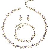 BriLove Wedding Jewelry Set for Women Bride, Gorgeous Stunning Crystal Flower Leaf Cluster Choker Necklace Link Bracelet Stud Earrings Bridal Bridesmaid