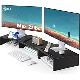 WALI Extra Long Wooden Dual Monitor Stand Riser with 2 Slots, up to 22lbs | Underneath Storage, Adjustable Length &amp; Angle, Multi-Purpose Desktop Organizer Desk Shelf for Home Office PC, Laptop, Printer