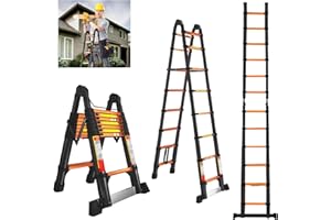 EVASTAR HOME EvaStar 16.5FT A Frame Telescoping Ladder, Lightweight Aluminum Telescopic Ladders w/Triangle Stabilizers, Stabilizer Bar & Wheels, 330lbs Capacity Extension Ladder for Home, Outdoor- Orange & Black