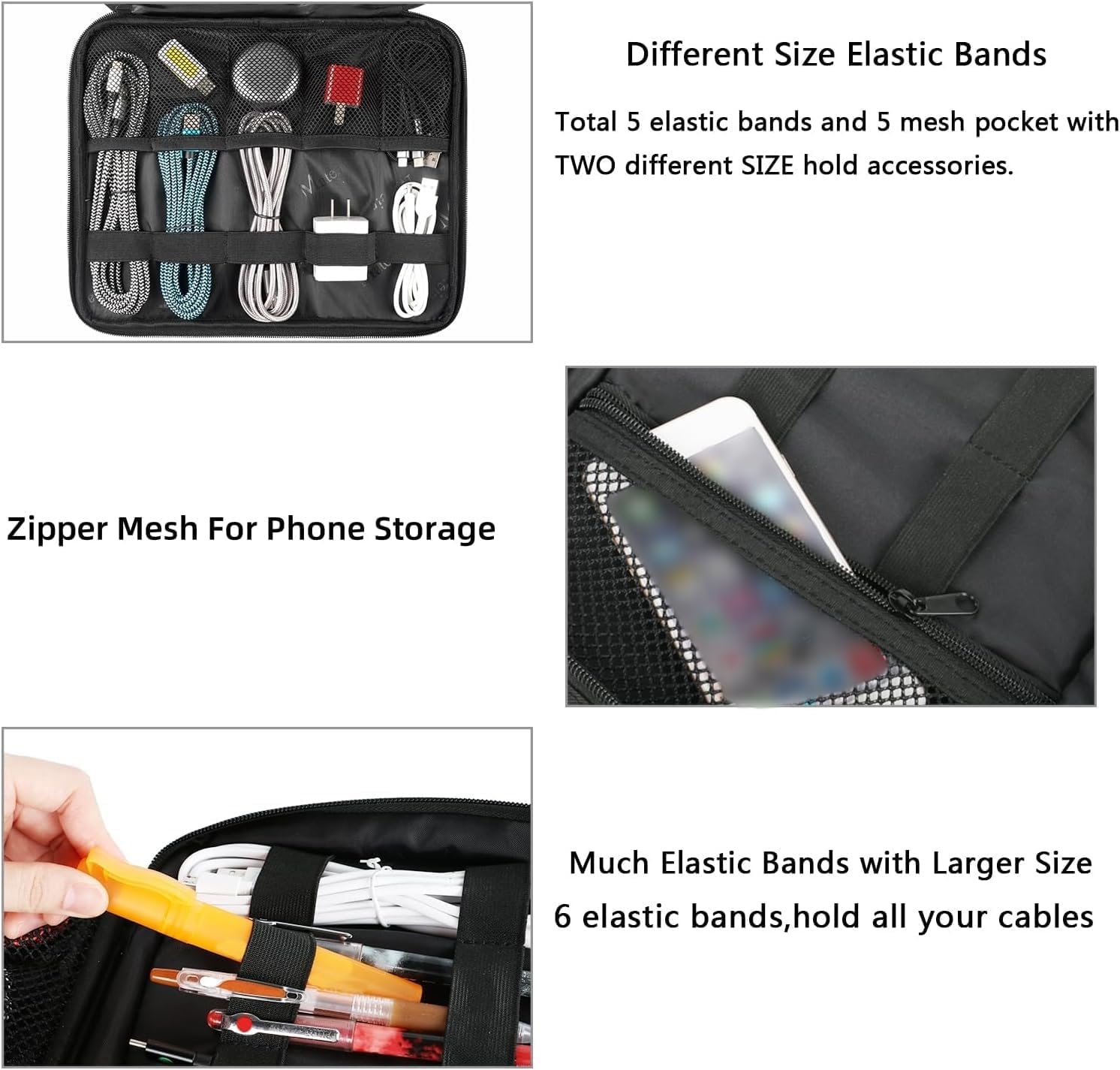 MATEIN Cable Organizer Bag, Large Travel Storage Bag Sturdy Tool Case with Handle for Phone Cord Electronics Accessories, Carrying Case for Tablet (Up to 12.9inch), Powerbank, Hard Drive, Black