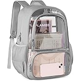 KIMNERPU Clear Backpack, Fabric & PVC Transparent Backpack with Reinforced Strap for Women Men, Heavy Duty Transparent Bookbag, Large Capacity Clear Bag, Travel, X-Large Grey
