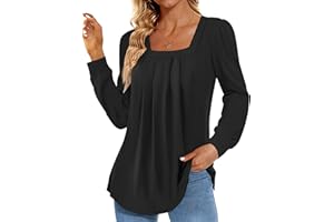 Funlingo 2024 Women's Long Sleeve Tops Dressy Pleated Square Neck Tunic Blouses Casual Loose Shirts