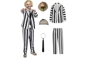 SQCJT Halloween Black White Striped Costume,Unisex Adult Suit Scary Cosplay Costume with Wig Necktie Accessories