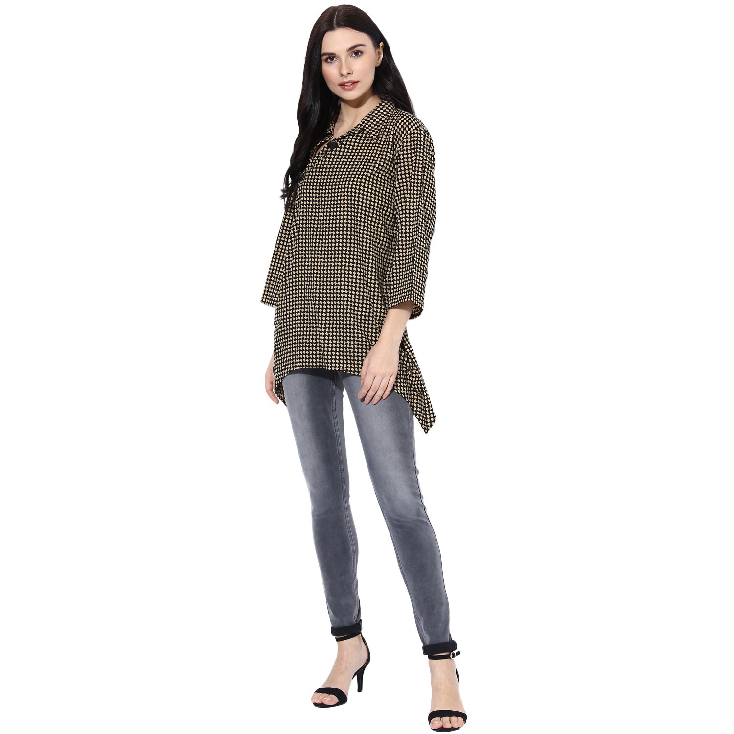 wabii women's beige cotton checked top