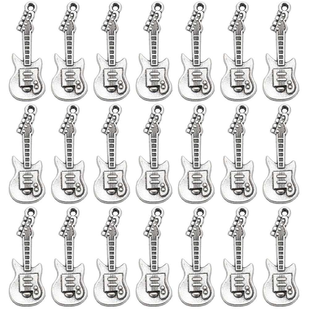 SUNNYCLUE 1 Box 50Pcs Vintage Guitar Charms Musical Instruments Charms Bulk Small Antique Silver Music Instrument for jewellery Making Women Necklace Bracelet Earring DIY Accessory