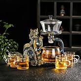 Glass Teapot Set with Infuser Semi Automatic Dragon Tea Set with 6 Small Cups (Blue golden dragon)
