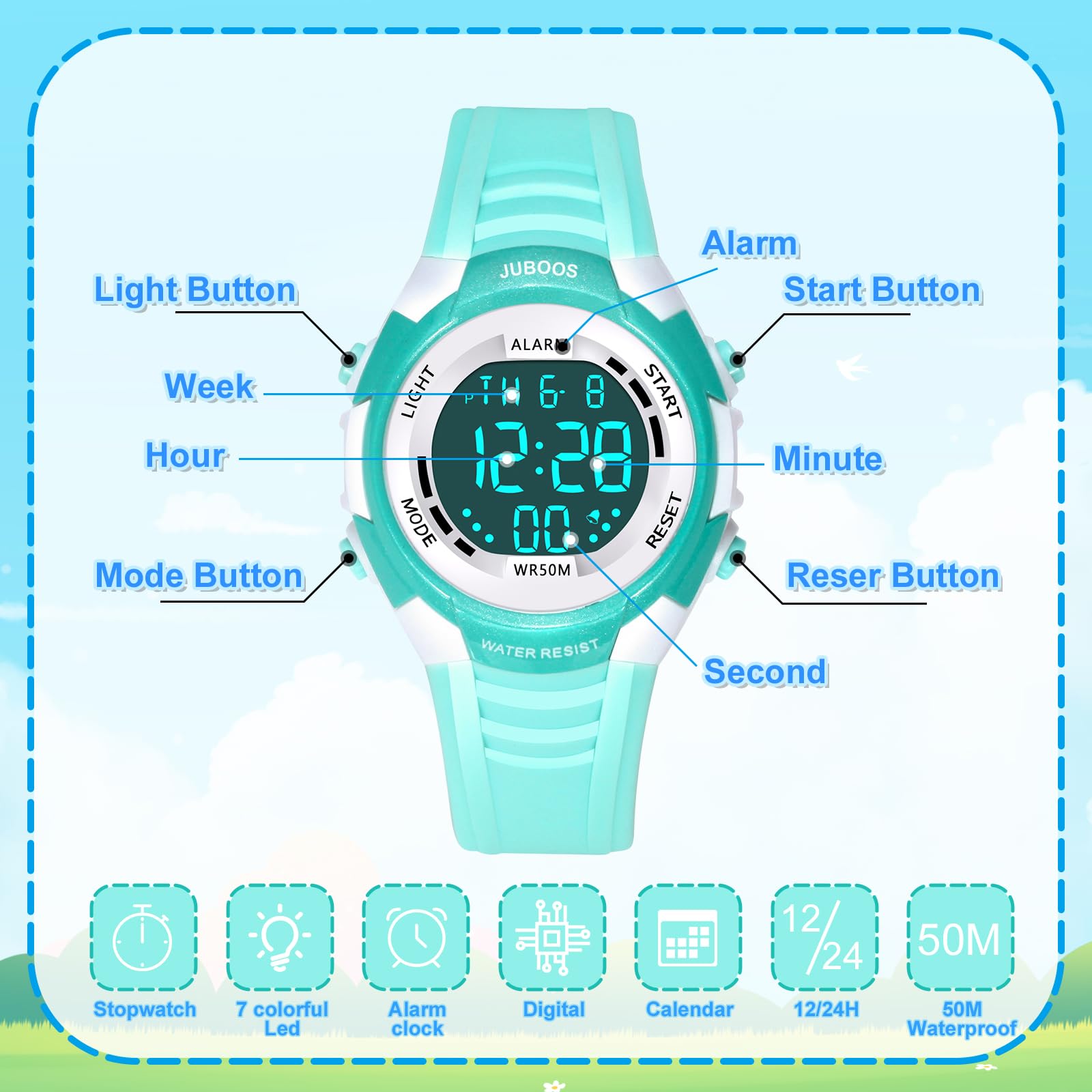 Juboos Kids Digital Watch for Boys Girls 5-18, 7 Colors LED Light Kids Sports Outdoor Wristwatch, Waterproof Watch with Alarm,Stopwatch