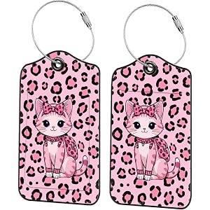 Qrifaro 2Pcs Leopard Luggage Tags for Suitcases Cruise Ship Travel Bag Tags | Pink Cat PU Leather Name Tag with Privacy Cover
