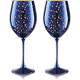 Joeyan Hand Blown Blue Wine Glasses,Colored Large Stemmed Goblet Drinking Cups with Gold Star Pattern,Red or White Wine Glass Tumblers,Glassware Gift for Wedding Anniversary Party,Set of 2,19.5 oz