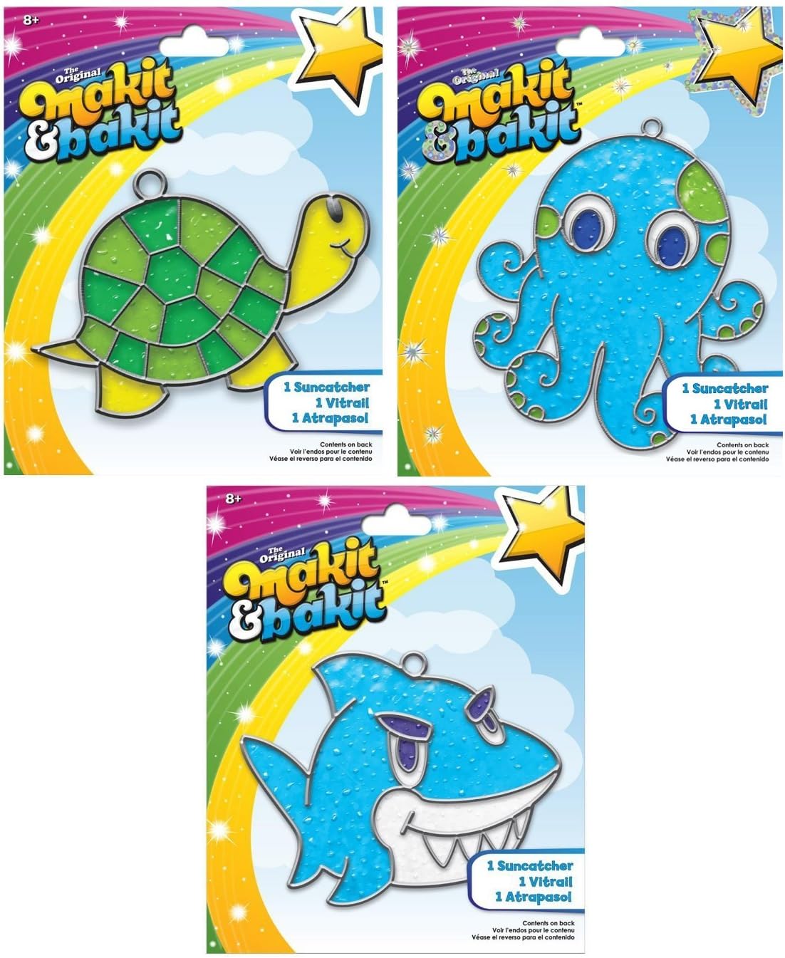 Suncatcher Kits - Turtle (1), Octopus (1), Shark (1) - by Makit & Bakit / Colorbok - sun catcher stained glass art project for kids - Boys, girls, and children 8 years and older - Bundle of 3