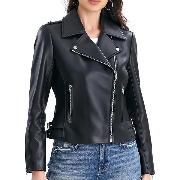 Leather Moto Jacket with Red Sleeves, Asymmetric Zipper, Multiple