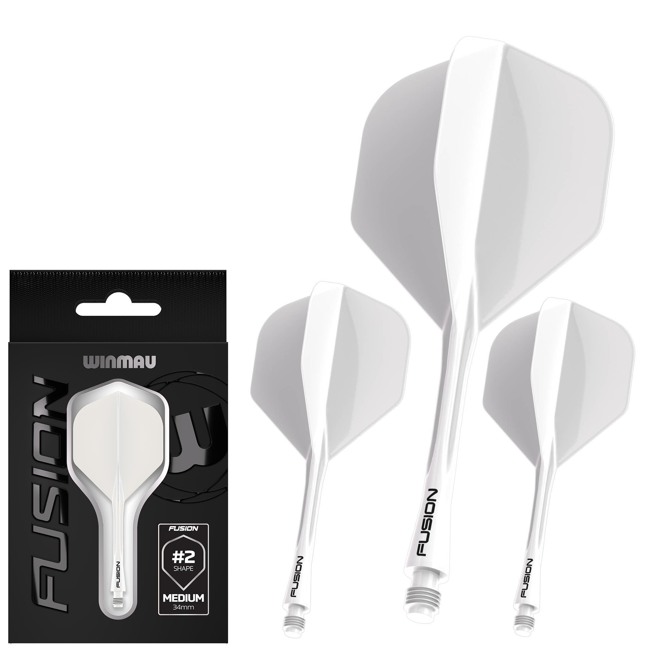 WINMAU Darts Fusion Integrated Flight & Shaft System - No.2 Shape & Design - White Colour, Intermediate Length