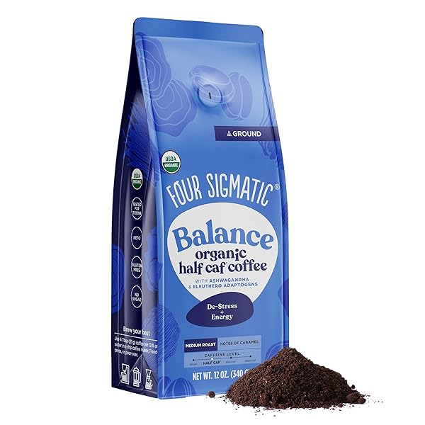 FOUR SIGMATIC ORGANIC BALANCE ADAPTOGEN GROUND COFFEE | MEDIUM ROAST USDA ORGANIC COFFEE WITH ASHWAGANDHA, CHAGA MUSHROOM, ELEUTHERO AND TULSI FOR FOCUS AND ENERGY BOOSTING | 12OZ BAG