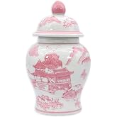 Galt International 8" Ceramic Ginger Jar w/Lid - Classic Chinese Style Porcelain Jar Tea Storage for Home Decor Decorative Centerpiece Vintage Accent Antique Vase Jingdezhen (Pink &amp; White)