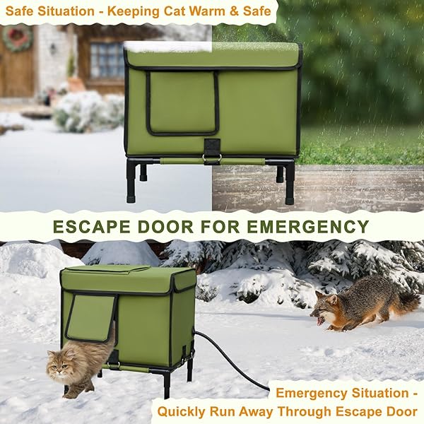 PALOPALO DEWPROOF HEATED CAT HOUSE FOR OUTDOOR WINTER, INSULATED DISCREET PET SHELTER WITH WATERPROOF HEATING PAD & ESCAPE DOOR FOR FERAL, STRAY, BARN KITTY CATS (ARMY GREEN, 16.5″X12.5″X17.7″)