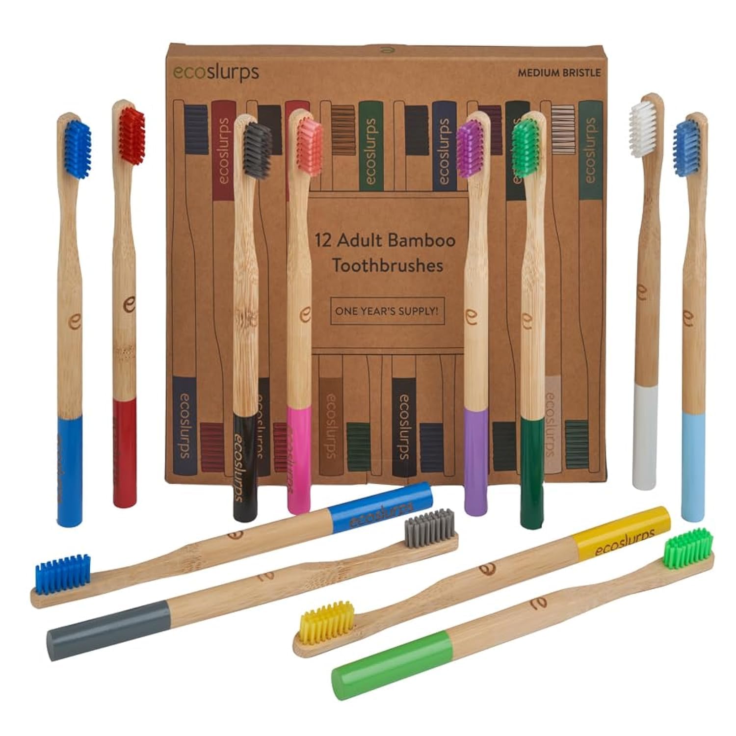 EcoSlurps 12 Bamboo Toothbrushes - Britush Brand - One Year Supply with Each Toothbrush Box Labeled On Internal Boxes - Award Winning Multi Colour Adult Toothbrush Multipack (12 Adult, Multicoloured)