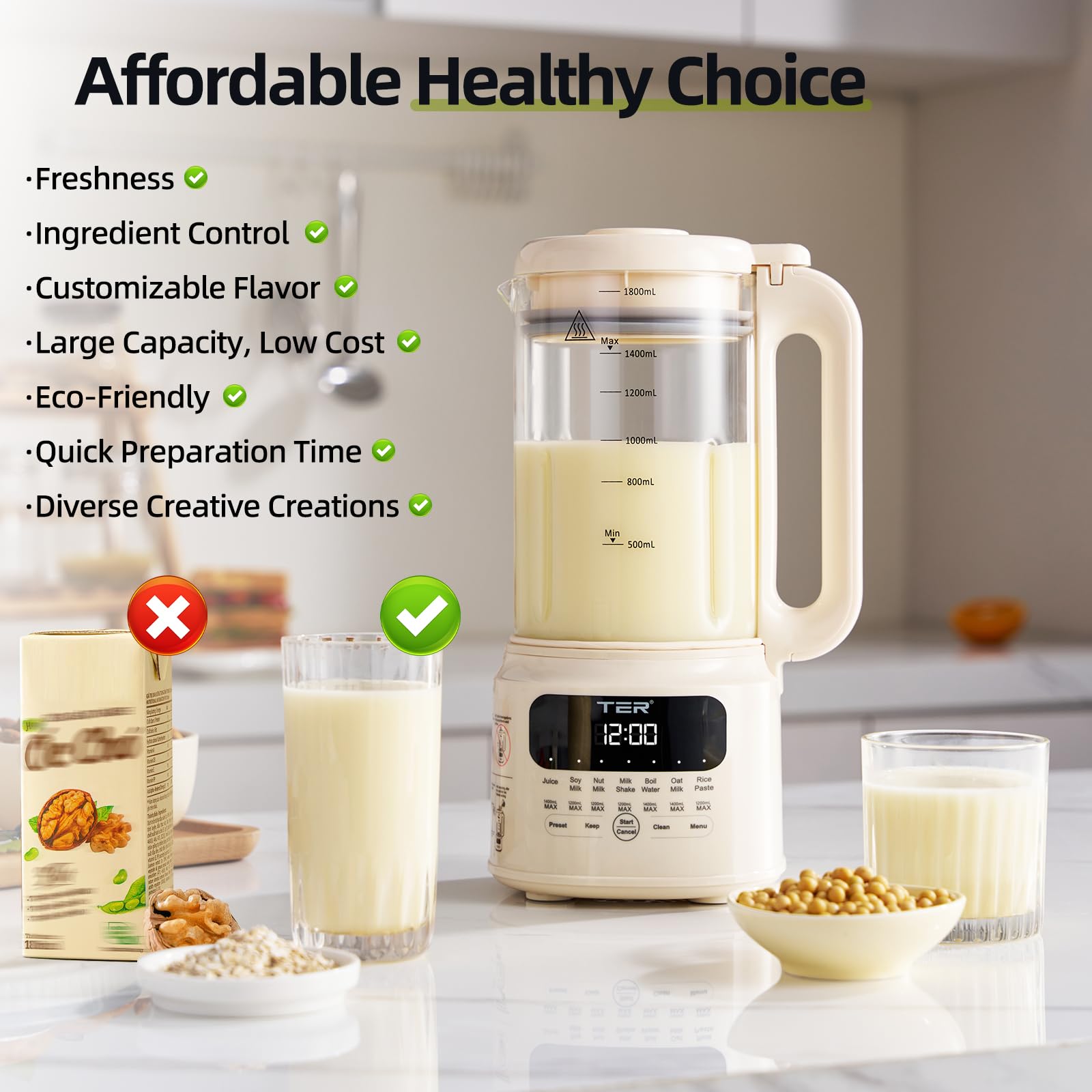 TER Máquina para hacer leche de nueces, 10 en 1 para hacer leche de soja, almendras/avena/leche de soja, jugo, batido, pasta de arroz, limpieza automática/tiempo preestablecido de 24 horas/12 horas para mantener caliente, con 7 accesorios, color beige