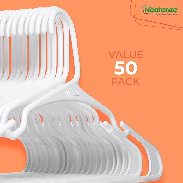 NEATERIZE CLOTHES HANGERS PLASTIC 50 PACK FOR ADULTS – PLASTIC HANGERS, THE PERFECT COAT HANGER AND SPACE SAVING CLOTHES HANGERS FOR CLOSET, PERCHEROS GANCHOS PARA COLGAR ROPA HANGARS – WHITE HANGERS