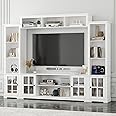 ROMSHINE Wall Unit Entertainment Center, TV Wall Units for Living Room with Storage, 102" W Large Farmhouse TV Stand with Glass Doors, Ajustable Bookshelf & Bridge for Bedroom, White