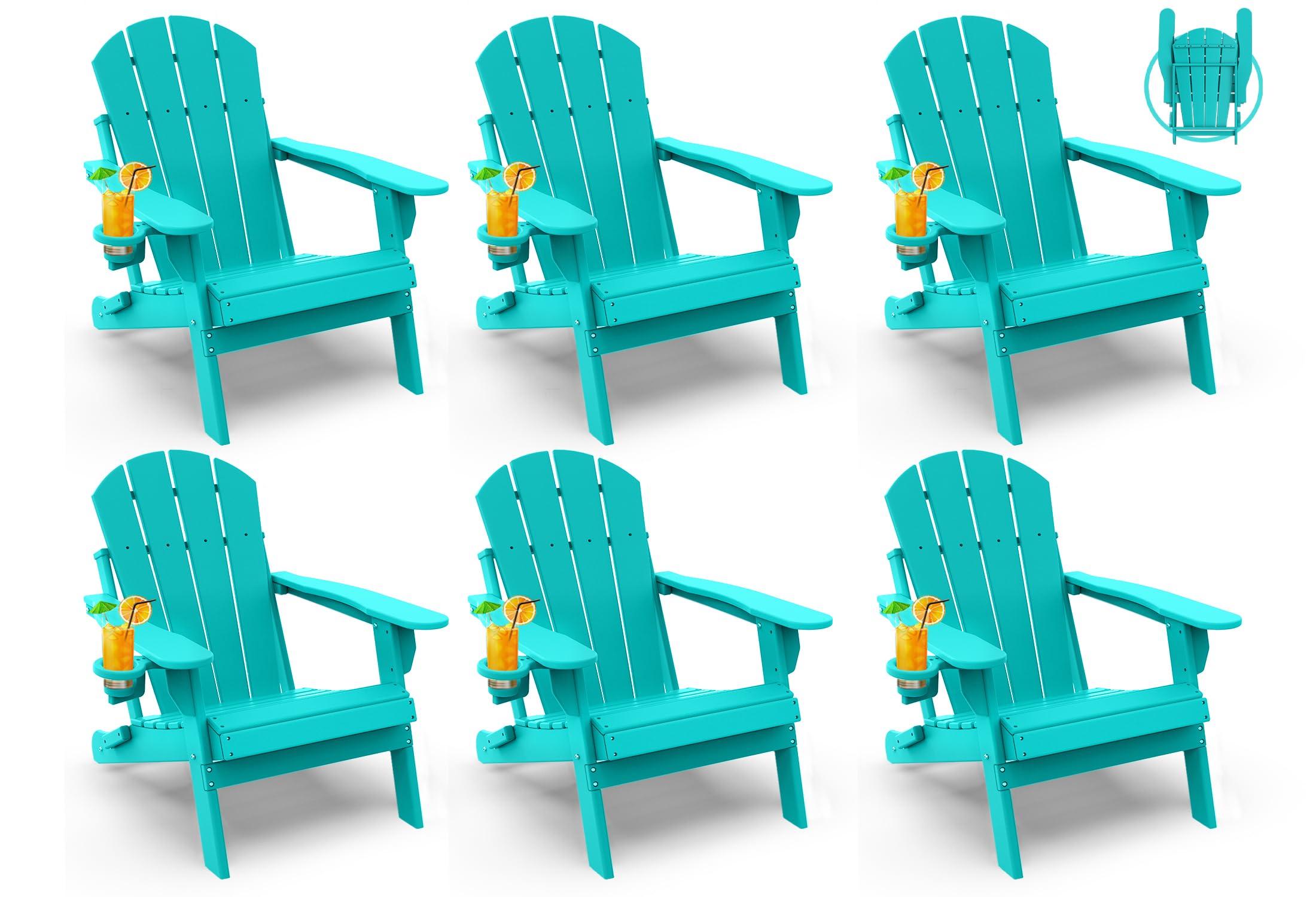 GREENVINES Folding-Adirondack-Chairs-Set-of-6 | HDPE Plastic | Fire Pit Chair | All Weather | Cup Holder | Aqua | for Deck Backyard Patio Outdoor Garden Image
