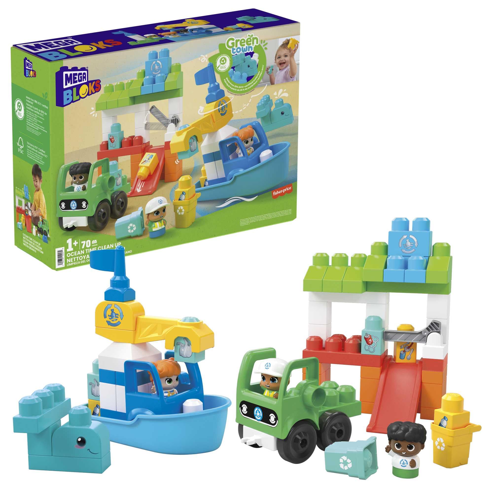 MEGA BLOKS Fisher-Price Preschool Building Toys, Green Town Ocean Time Clean Up with 70 Toddler Blocks, 3 Figures, Kids Age 1+ Years