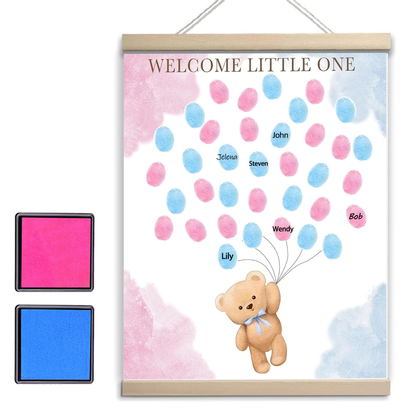 Photo 1 of QZCYU Bear Theme Baby Gender Reveal Decorations, Baby Shower Guest Book Party Ideas, Gender Reveal Fingerprint Tree, Canvas Thumbprint Hanging Paintings