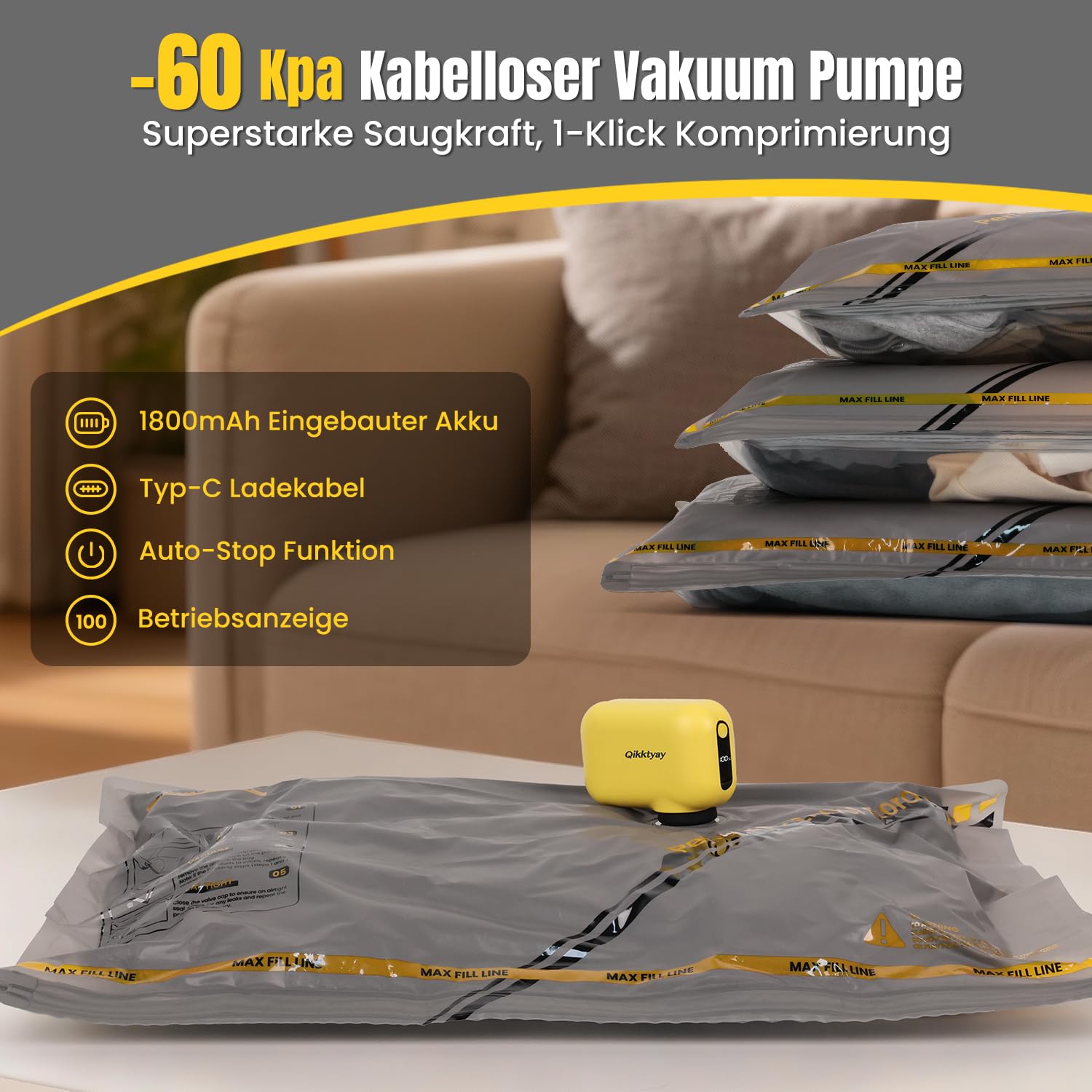 Vakuumbeutel für Kleidung mit Kabellose Vakuumpumpe – 15er Set Vakuumbeutel Reise (40×40/40×50/40×60 cm), ideal für Reise & Aufbewahrung – Vacuum Bags for Clothing Travel & Storage 3