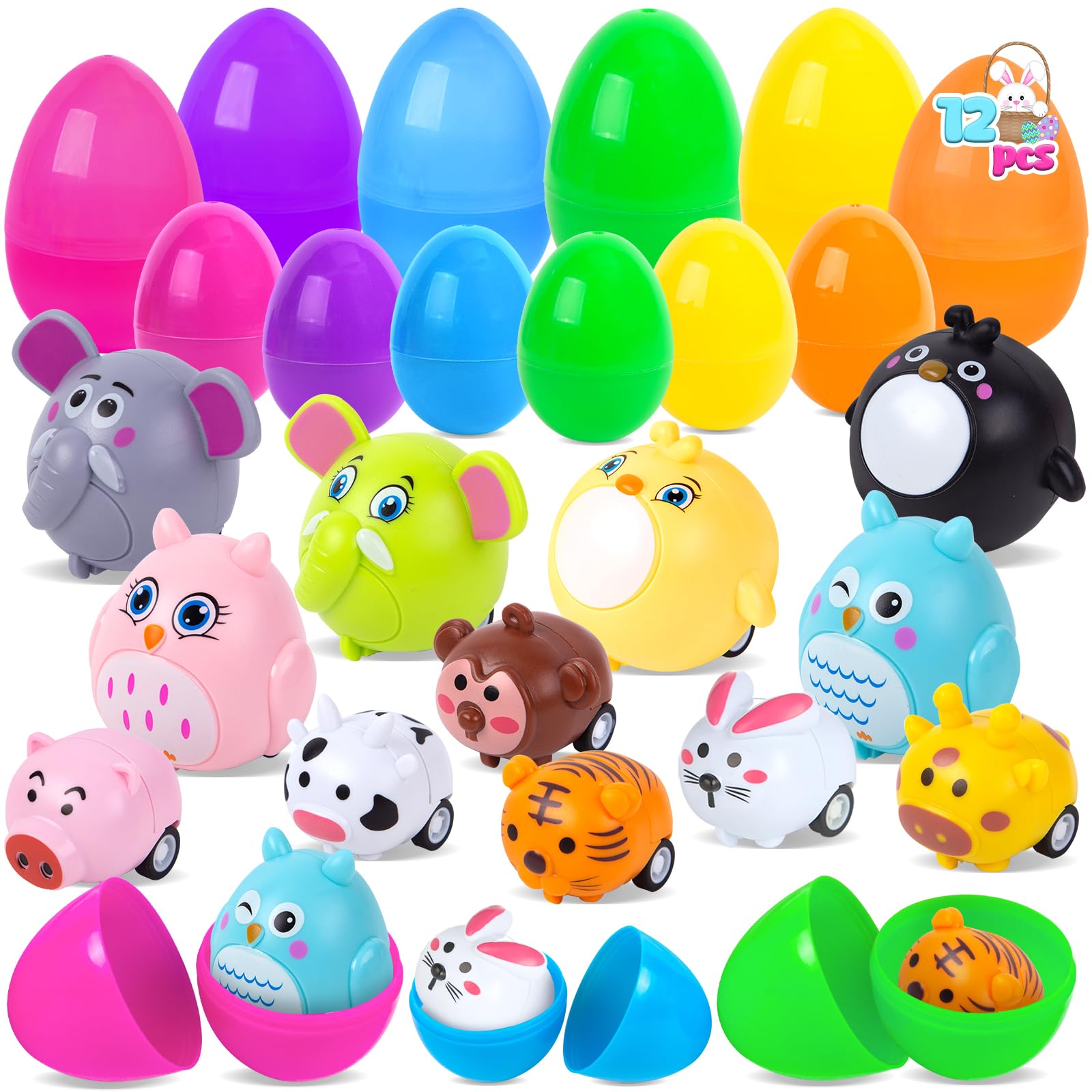 LovesTown 12 Pack Prefilled Easter Eggs with Cars Toys, for Egg Hunt Game, Kids Easter Basket Stuffers & Party Favors for Boys Girls Toddlers Princess Plastic Eggs Stuffed Animals Toys Inside