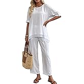 Women's Linen 2 Piece Outfits Rolled Sleeves Tops Wide Leg Trouser Pants Suits Summer Casual Dressy Linen Sets