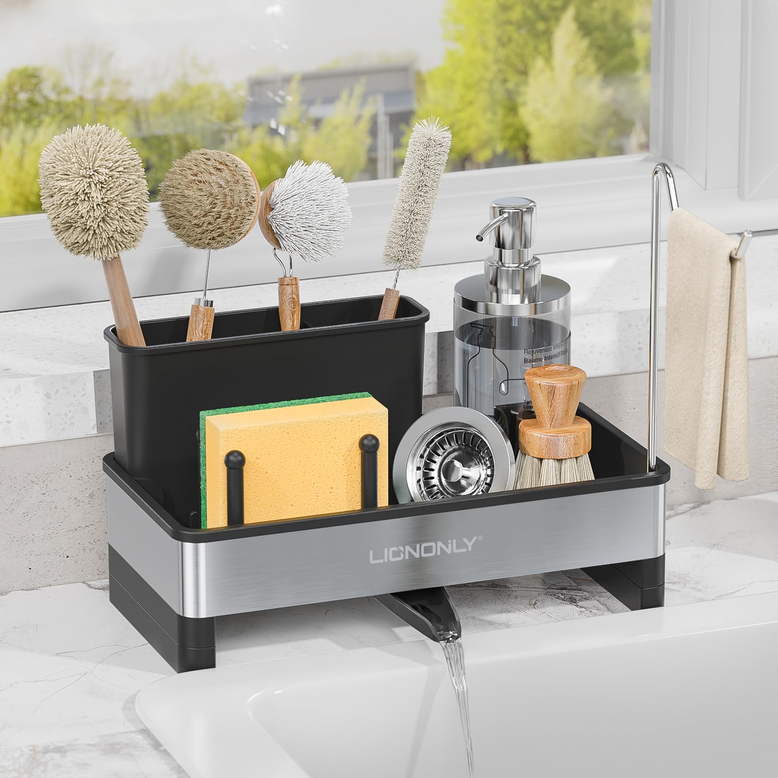 Photo 1 of LIONONLY Sponge Holder for Kitchen Sink, 304 Stainless Steel Sink Caddy with Auto Drain Tray, Kitchen Sink Organizer with Towel Brush Holder for Countertop, Soap Dispenser Storage Accessories