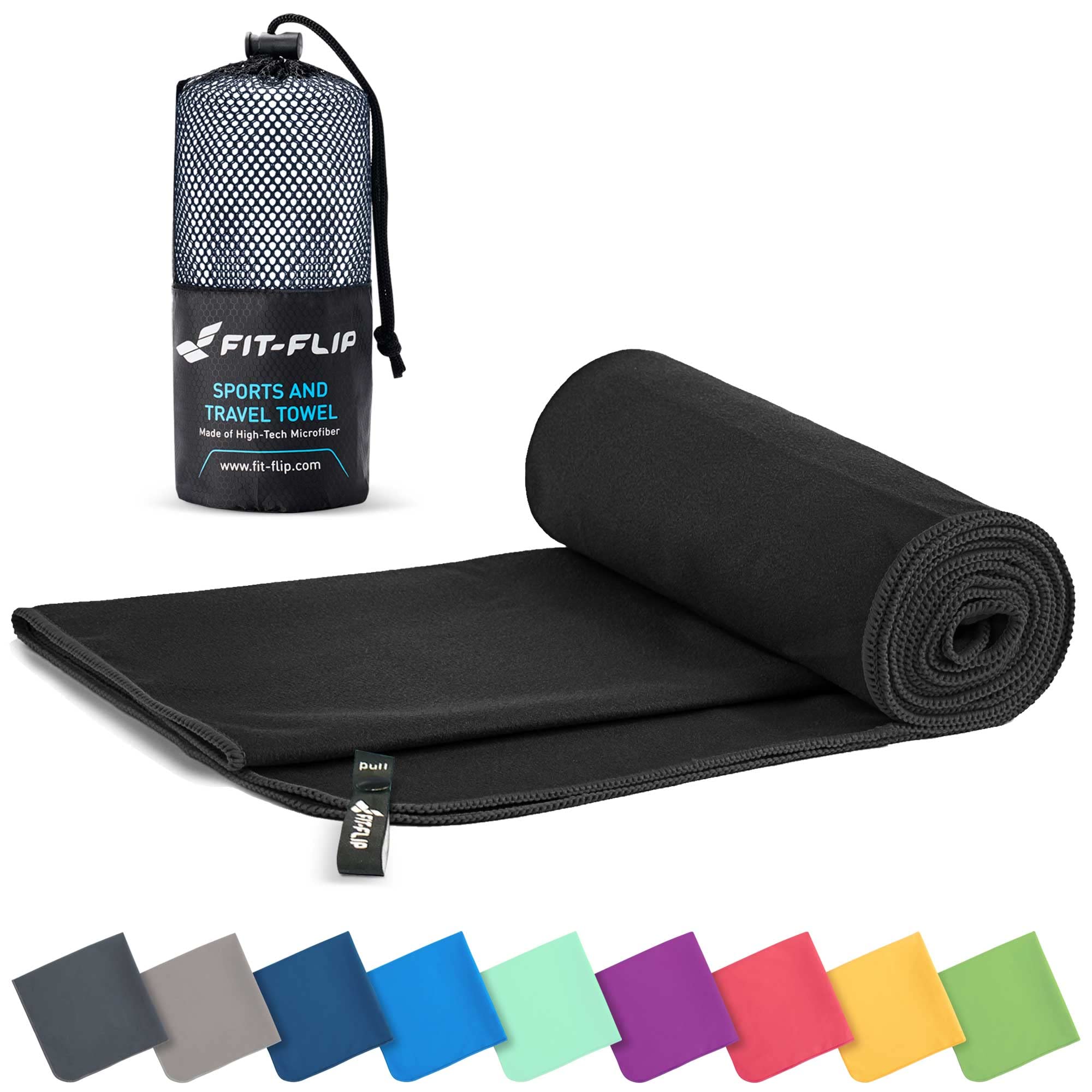 Fit-Flip Microfibre towel - compact, ultra lightweight & quick dry - perfect for gym, travel & beach - swimming towels for sports, camping & hiking (1x 40x80cm black + bag)