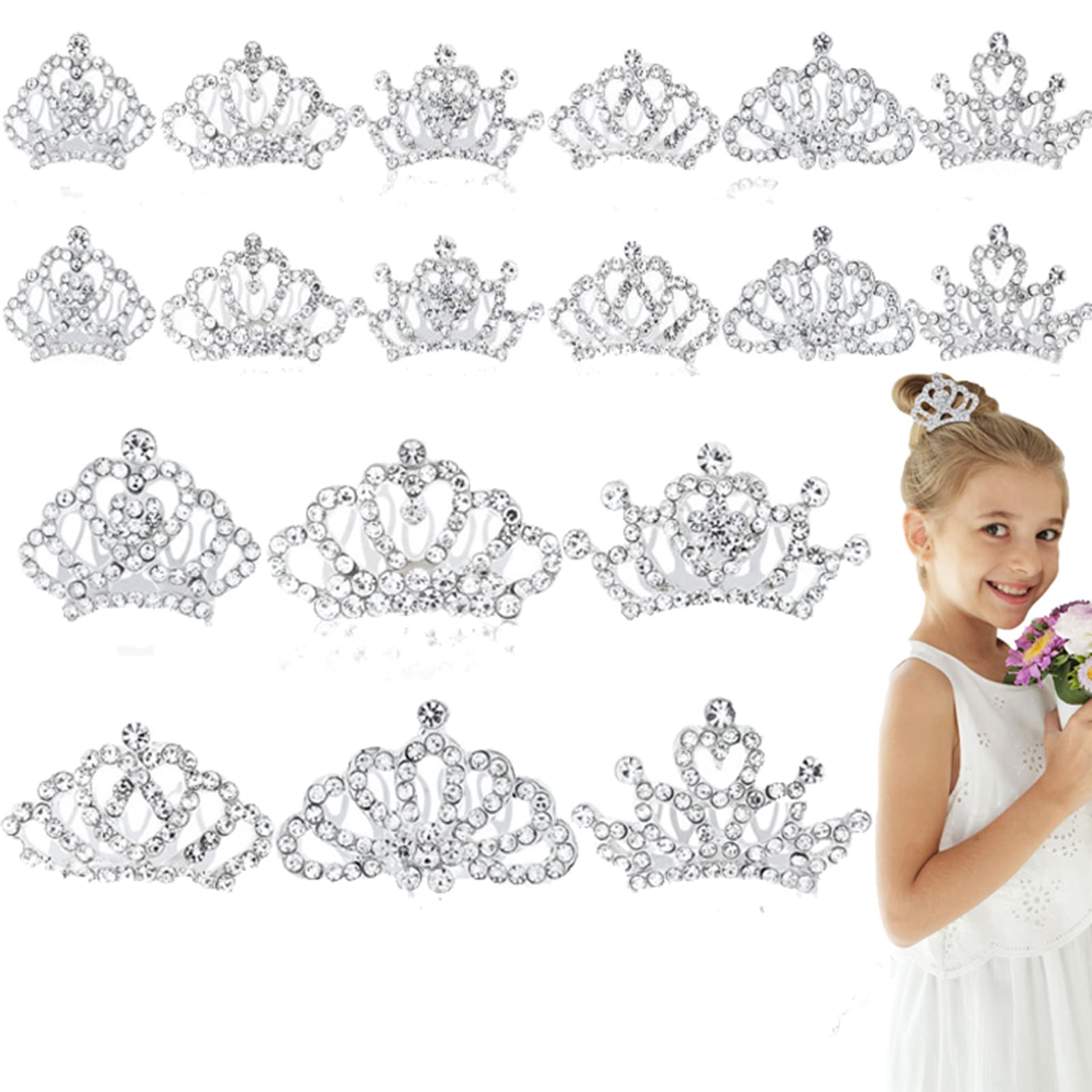 Photo 1 of Princess Crown Comb Set for Girl 18 Pcs Silver Tiara Crown with Comb Crystal Tiara Headband Rhinestone Hair Piece Toddler Bride Hair Accessories for Birthday Party Photography Young Teens Gifts