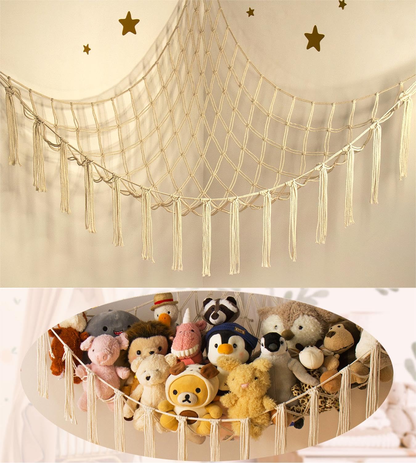 mirolam Stuffed Animal Storage Hammock - Baby Toy Hammock Net for Stuffed Animals Cute Room Decor -Large Stuff Animal Organizer Holder for Plush Plushie - Kids Nursery Beige Bedroom Home Decor