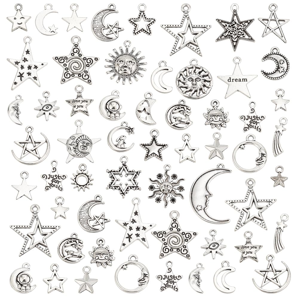HOBBIESAY about 80Pcs Tibetan Style Alloy Sun Moon Star Charms Antique Silver Mixed Styles Pendants Celestial Charms Smile Pendant for Jewelry Making Necklace Bracelet Earring DIY Craft