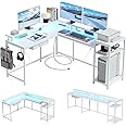 Jojoka L Shaped Gaming Desk,68" Computer Desk with Power Outlets & LED Lights, Home Office Desk with File Drawer, Corner Desk with Monitor Shelf and Hook, Two Person Desk (White)