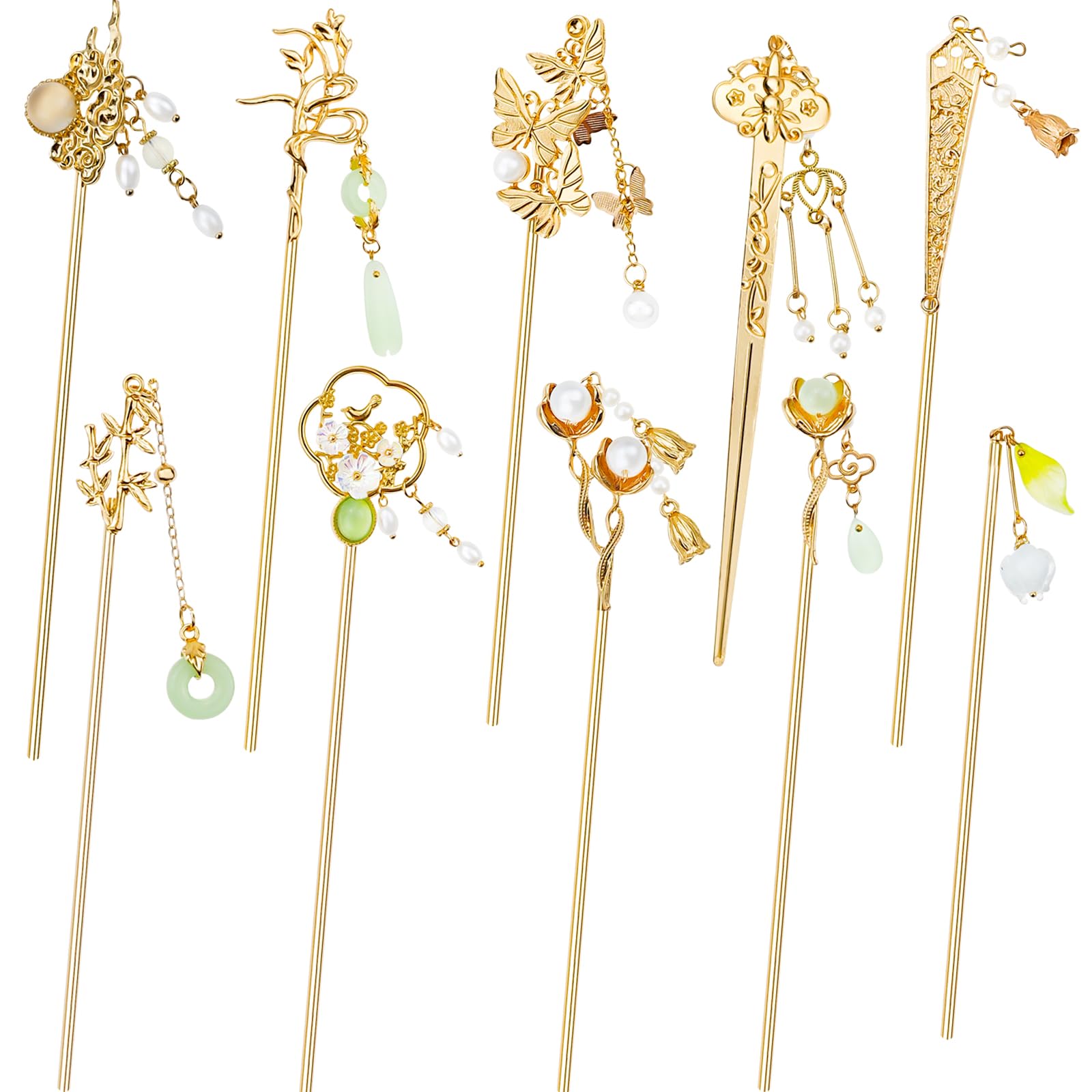 Photo 1 of 10PCS Gold Decorative Vintage Retro Pearl Gold Metal Hair Sticks Pins with Pendants Chinese Hanfu Asian Flower Butterfly Hair Chopsticks Hair Bun Updo Holders Long Thick Hair Accessories for Women