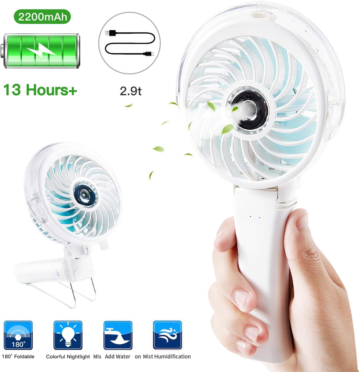 Handheld Misting Fan Portable Fan Facial Steamer,Rechargeable Battery Operated Fan,Foldable Travel Fan,Personal Fan Cooling Humidifier with Colorful Night Light for Travel