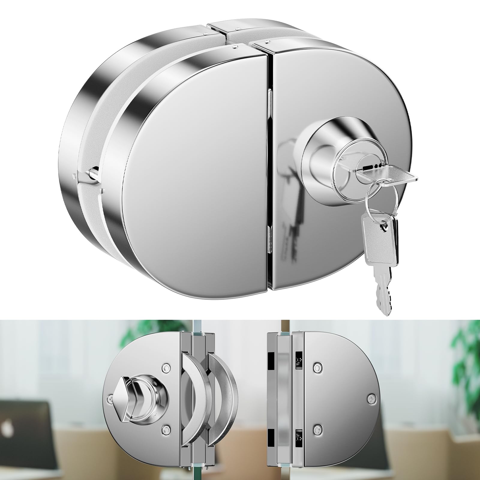 Ranbo Frameless Double-Sided Glass Door Lock,no Drilling,304stainless Steel,Suitable for 3/8''-1/2''(10mm-12mm) Sliding Glass Doors,Office Doors,Commercial Doors,Comes with 3 Keys,Polished Chrome. — image 1