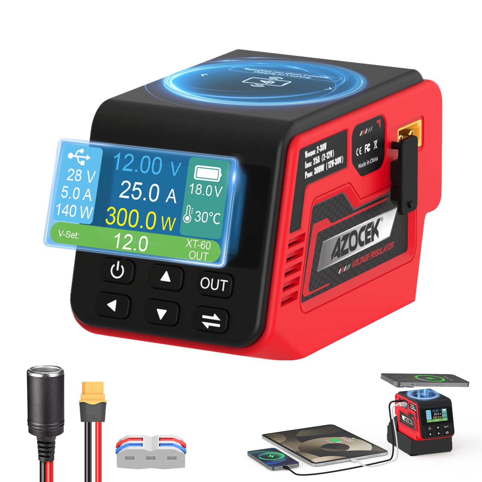 Photo 1 of Azocek 300W Adjustable Voltage Regulator Compatible with Milwaukee 18V Battery (Battery Not Included), 2–30V DC Output, Up to 25A, 140W Type-C PD Fast Charging, 15W Wireless Charger, 1.9" LCD Display