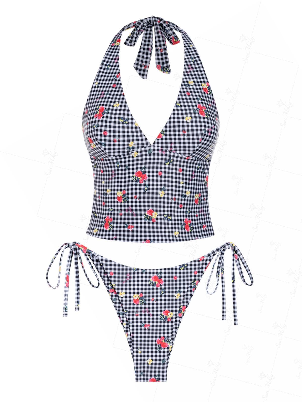 Photo 1 of seamoly Gingham Floral Printed Halter Tied Back Tie Side Tankini Set, Black, S