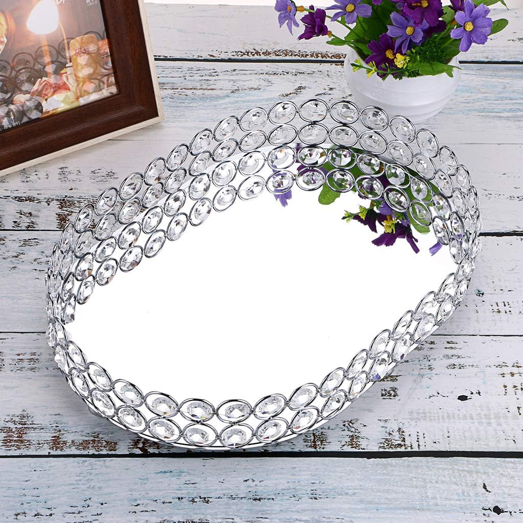 Hipiwe Mirrored Crystal Vanity Makeup Tray, Ornate Jewelry Trinket Decorative Tray Cosmetic Perfume Display Organizer Tray,Home Decor Tray for Dresser/Bathroom (Ellipse): Home Improvement