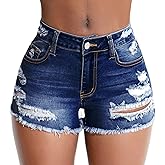 Tunlaud Women's Stretch Ripped Denim Shorts Mid Waist Casual Frayed Raw Hem Distressed Jean Shorts