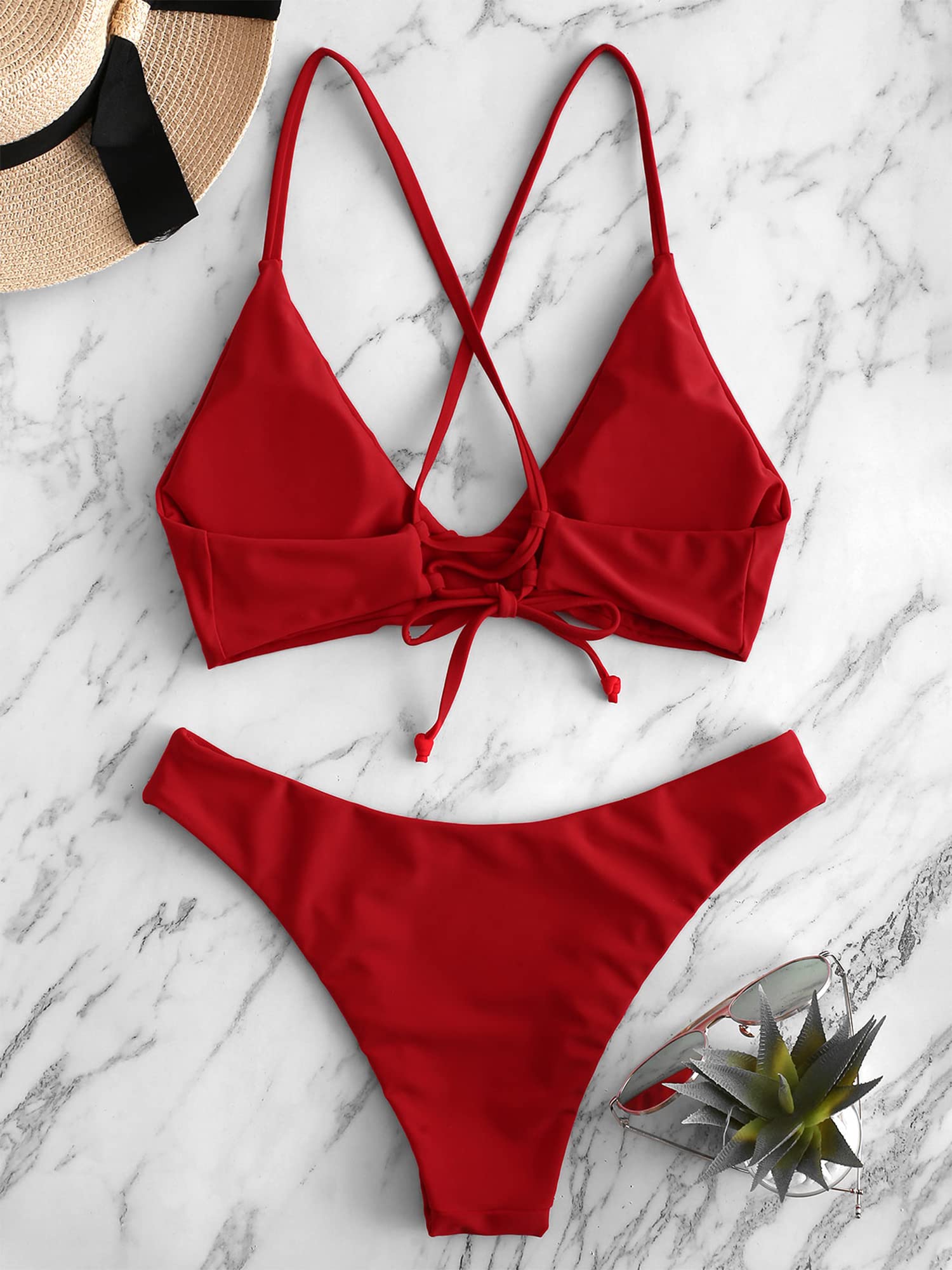 ZAFUL Women's Tie Back Padded High Cut Bralette Bikini Set Two Piece Swimsuit (1-Red, M) - Image 8