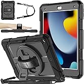 BMOUO for iPad 9th/8th/7th Generation Case 10.2", Shockproof 360 Rotating Stand Shoulder Hand Strap iPad 9th/8th/7th Generation Case with Pencil Holder for iPad 10.2 inch 2021/2020/2019 - Black