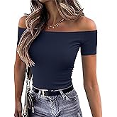OwnTime Sexy Off Shoulder Tops for Women Summer Short Sleeve Shirts Ribbed Slim Fitted Trendy Going Out Tops Blouses