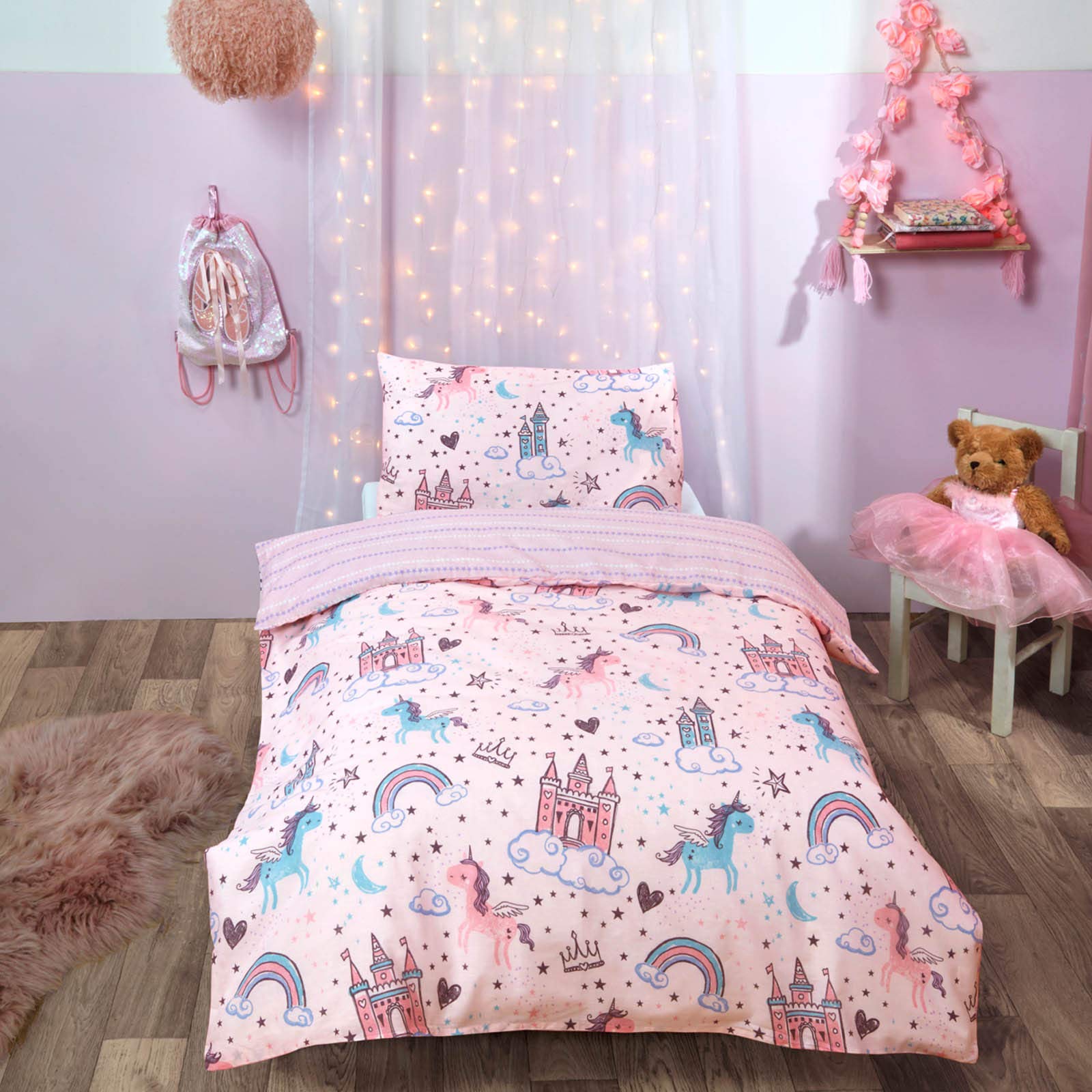 Dreamscene Unicorn Kingdom Cot Bed Duvet Cover Set, Valentines Gifts Toddler Bedding Super Soft Cosy Cot Duvet Cover Reversible Star Stripe Toddler Bedding Set with Pillowcase, Pink