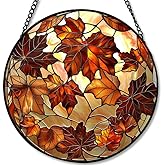 Round Colorful Maple Leaves Stained Glass Window Hanging Panel – Autumn Fall Suncatcher Wall Art for Home Window Decor and Gift