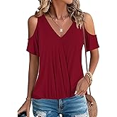 LEIYEE Womens Summer Cold Shoulder Tops Sexy Casual Short Sleeve V Neck Cute Front Knot Ruched Shirred T Shirt Blouse