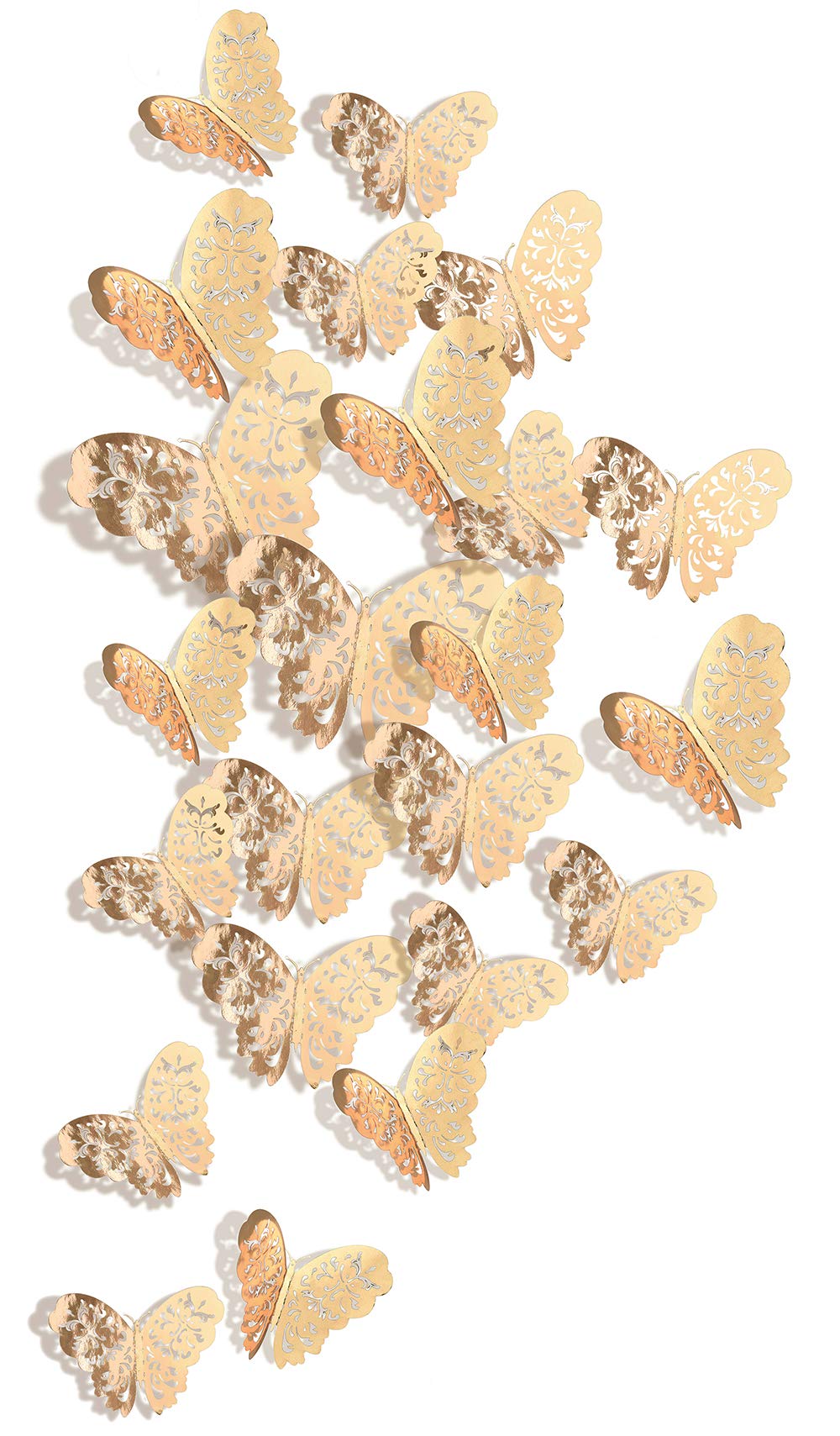 FiveSeasonStuff 24pcs 3D Champagne Gold Mirror Hollow Butterfly Wall Stickers